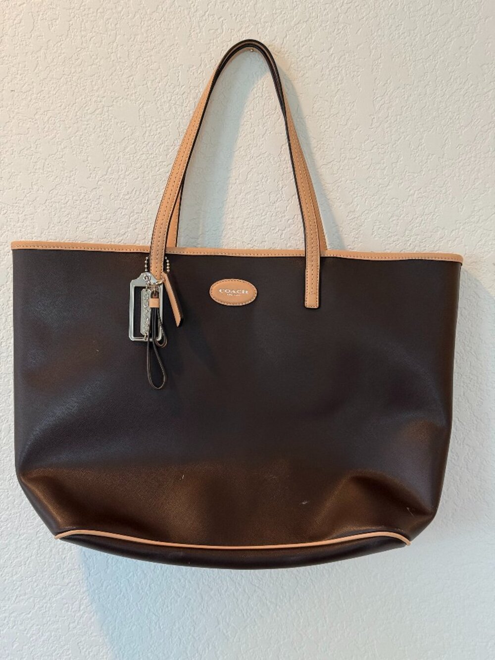 Coach Brown Leather Tote Bag | Large Shoulder Bag | Tan Trim Classic Everyday